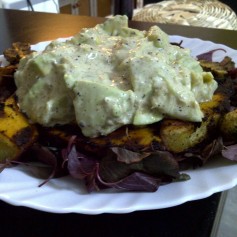 Layered Sweet Potato, Mushroom and Avocado Salad
